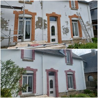 Ravalement de façade d'une maison avec remise en peinture des pierres apparentes et joints avant-après sur Carnac