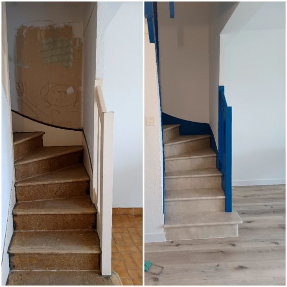 Chantiers sol et escalier avec mise en peinture des plafonds, des murs et des portes avant-après sur Carnac