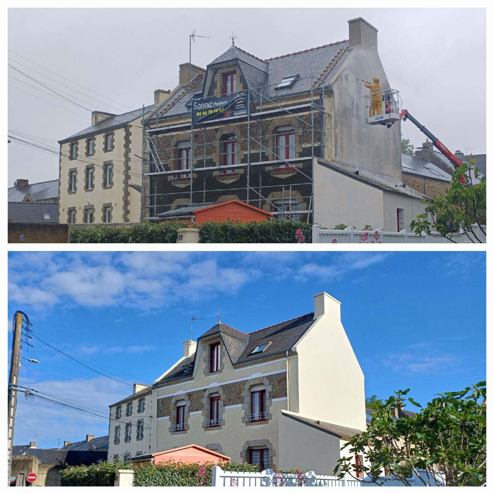 Maison avant et après rénovation avec échafaudage, peinture de façade, et résultat final avec une façade blanche et des pierres apparentes sous un ciel bleu.